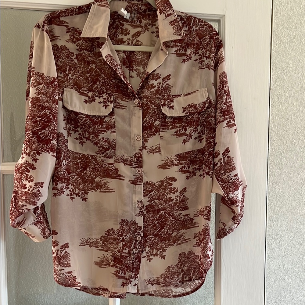 Brick and Beige Button-Up Blouse